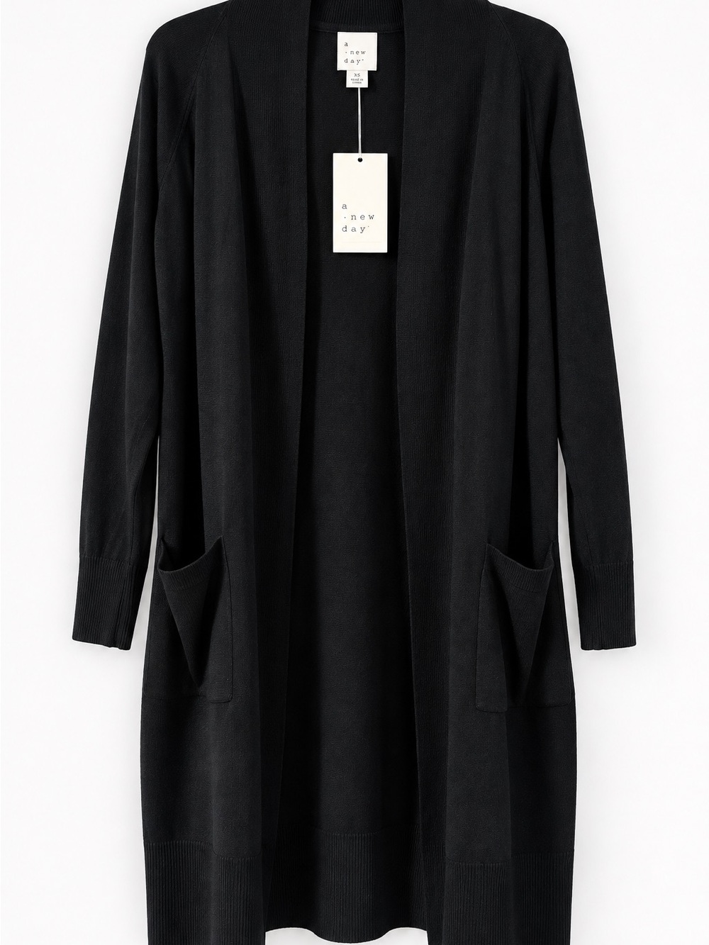 A new day Black Open-Front Longline Cardigan with Pockets Size XS NWT